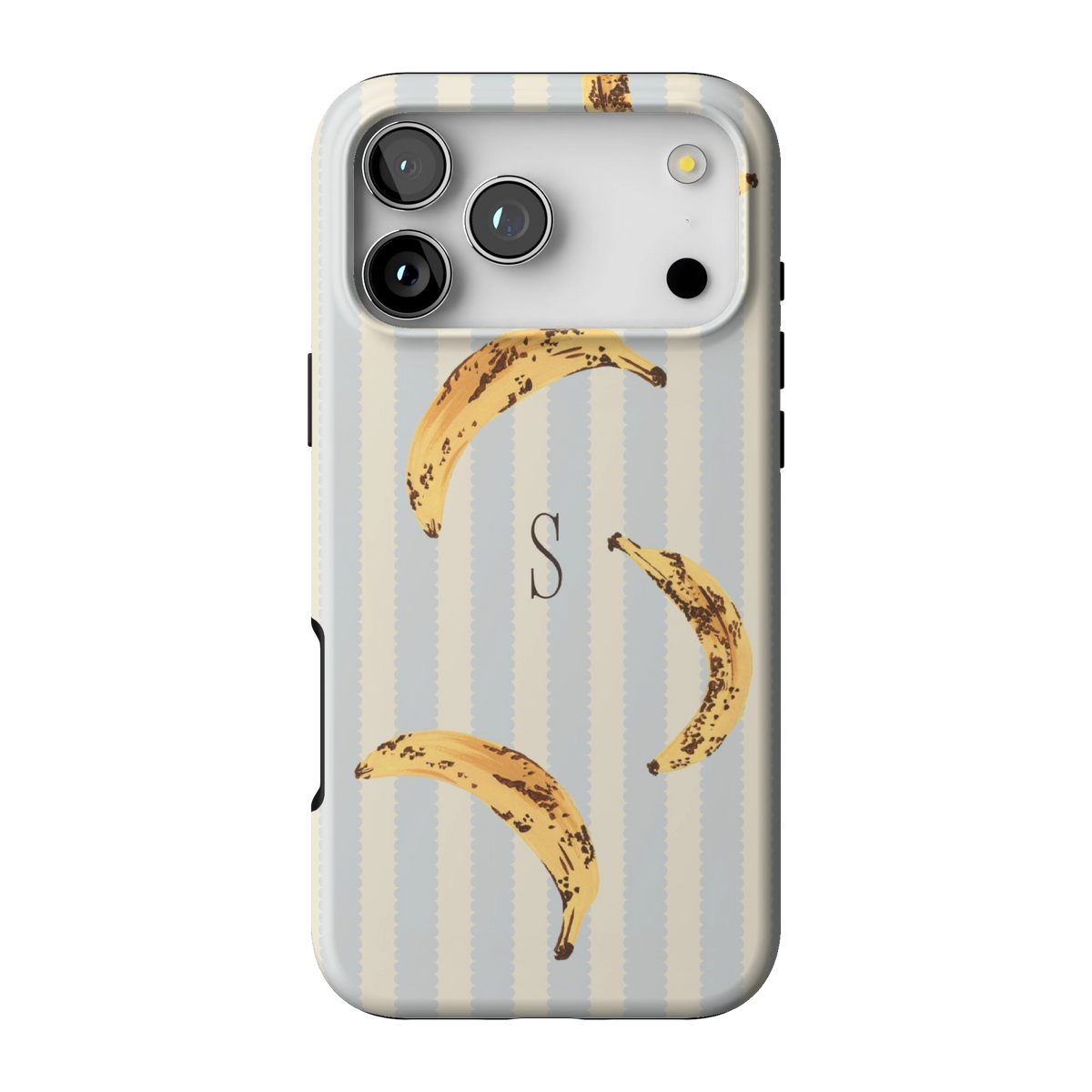 Striped Bananas Personalized case on iPhone 17 Pro Max, back view: ripe bananas on pale blue and cream stripes with the initial S