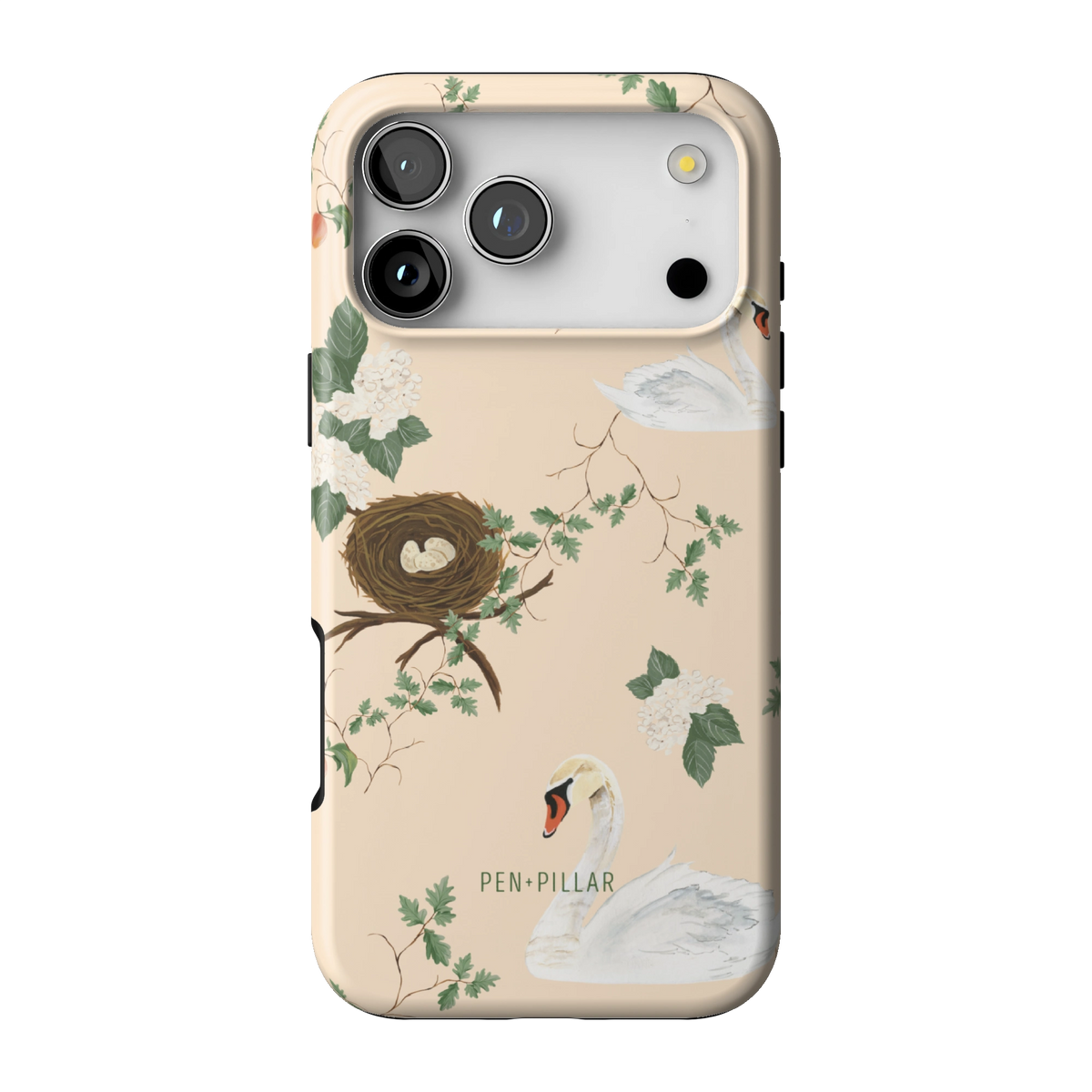 Swan Hollow case on iPhone 17 Pro Max, back view: swans, a bird's nest and trailing greenery on cream