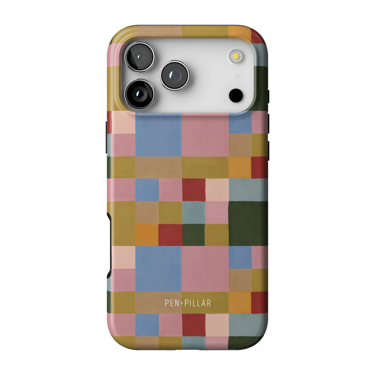 Colorblock case on iPhone 17 Pro Max, back view: painterly squares in blush, sky blue, mustard, rust and forest green