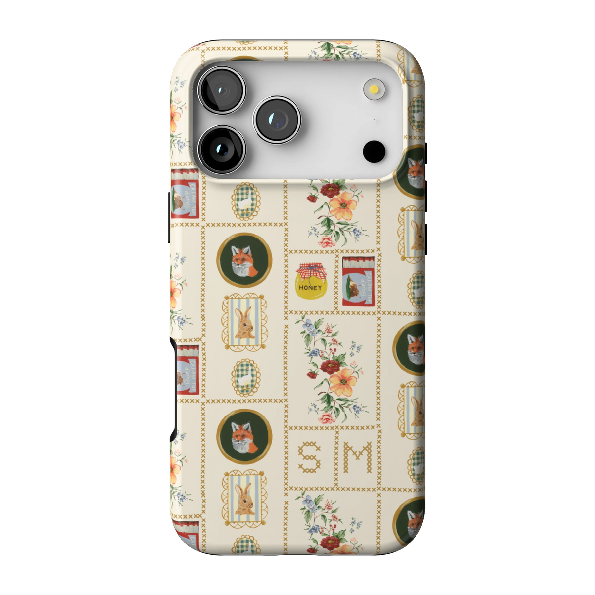 Sampler Personalized case on iPhone 17 Pro Max, back view: cross-stitch style squares of jars, animals and florals on cream with the initials SM