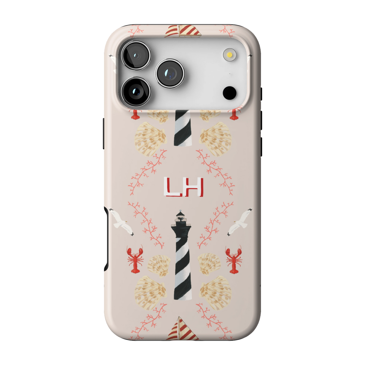 Lighthouse Personalized case on iPhone 17 Pro Max, back view: striped lighthouses, lobsters and seashells on blush with the initials LH
