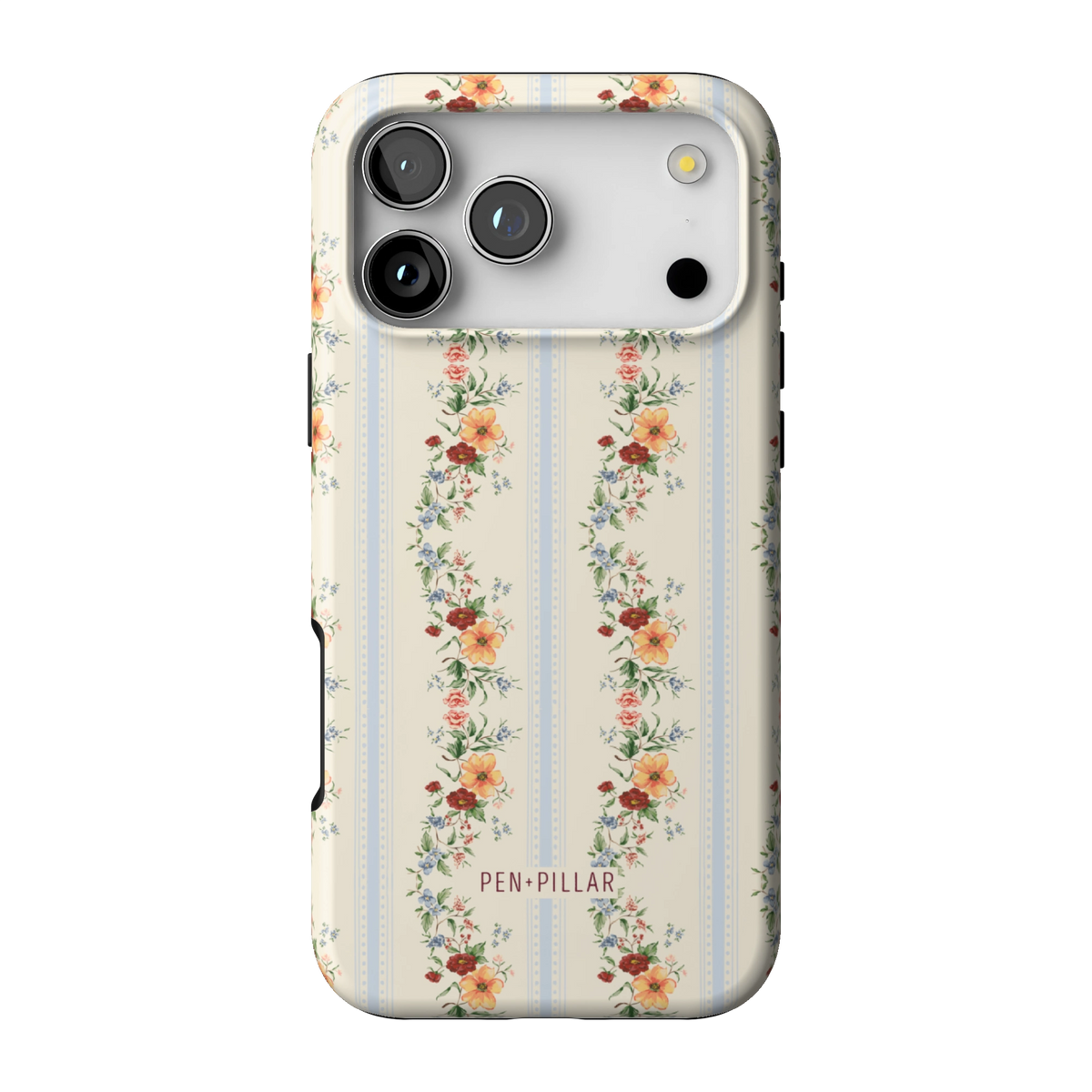 Wallflower case on iPhone 17 Pro Max, back view: floral garlands in orange and blush on cream and pale blue stripes