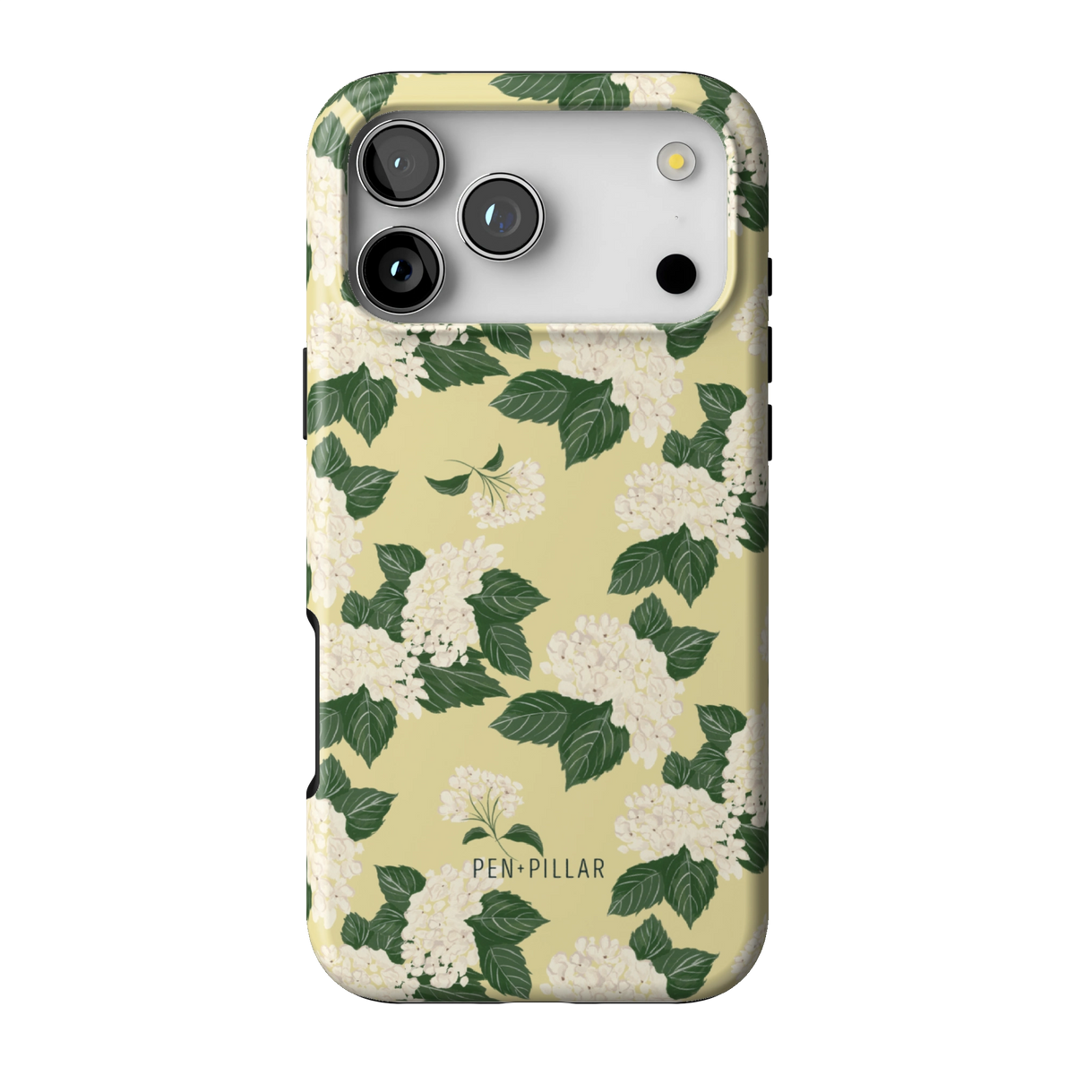 Hydrangea case on iPhone 17 Pro Max, back view: white hydrangeas and green leaves on buttery yellow