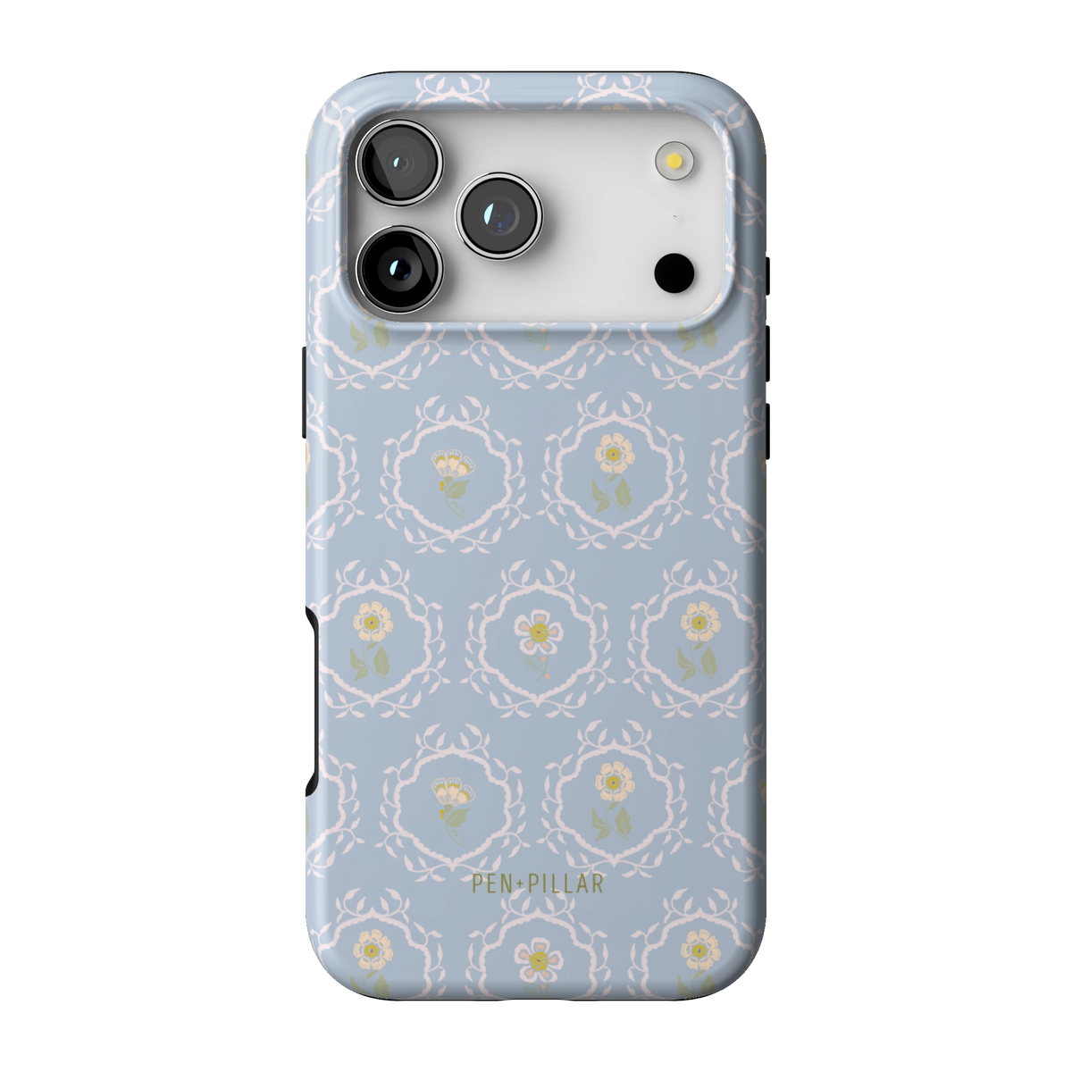 Merrigold case on iPhone 17 Pro Max, back view: small white florals in a lattice on pale blue