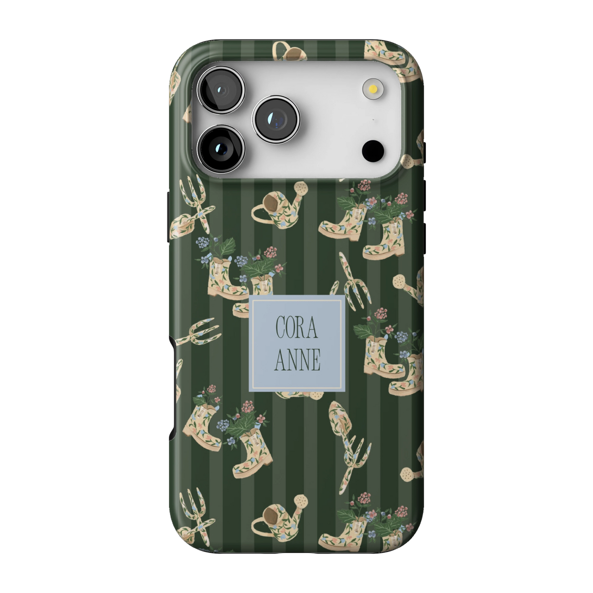 In the Garden Personalized case on iPhone 17 Pro Max, back view: garden boots, tools and florals on forest green stripes with the name Cora Anne