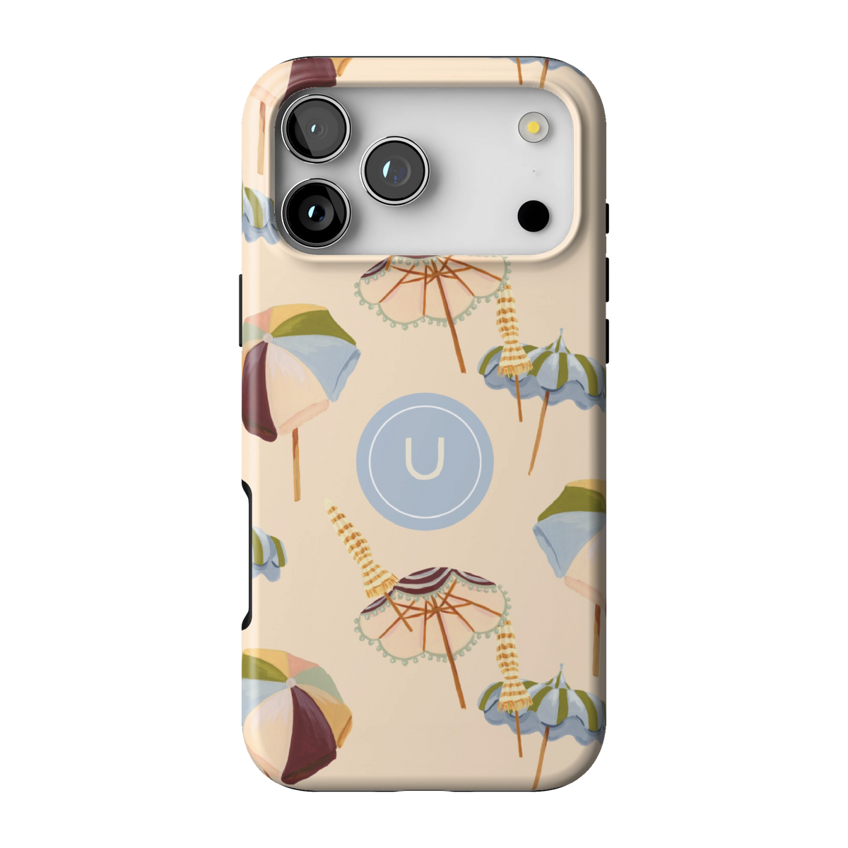 Umbrellas Personalized case on iPhone 17 Pro Max, back view: striped beach umbrellas and loungers on warm sand with the initial U