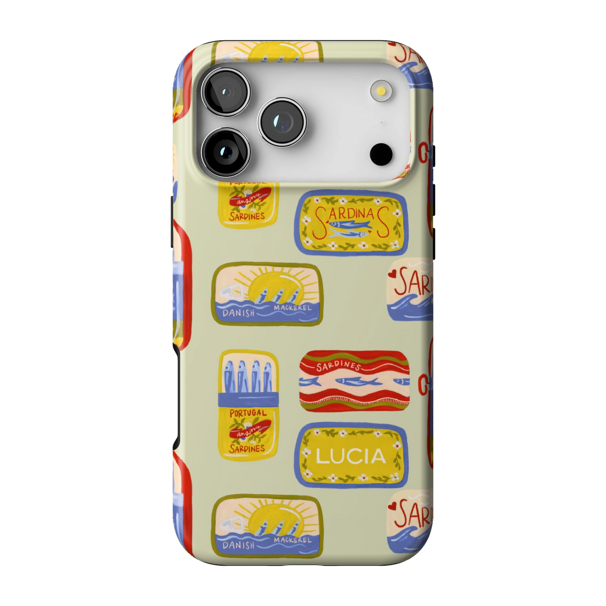 Sardines Personalized case on iPhone 17 Pro Max, back view: vintage sardine tins on pale sage with the name Lucia