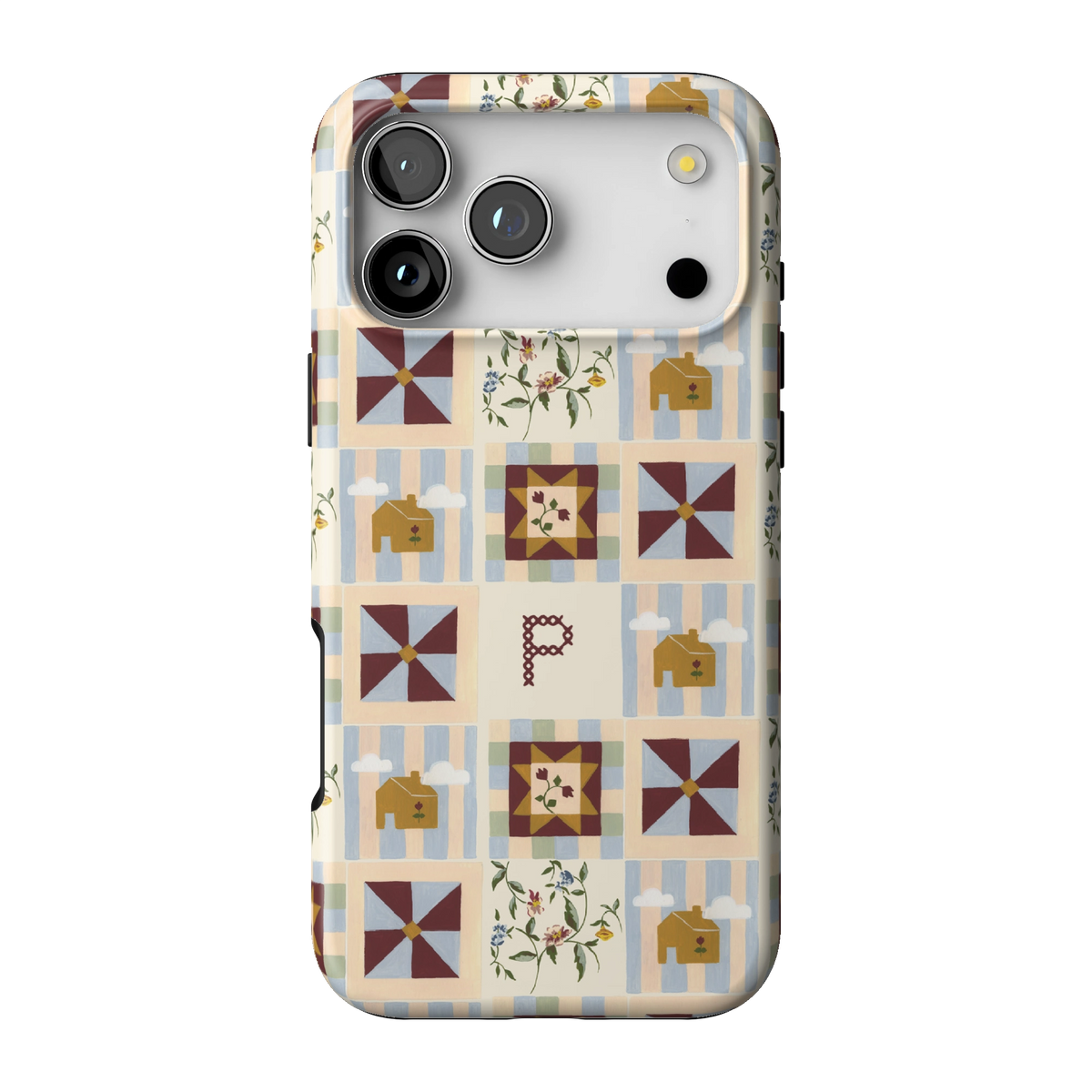 Pinwheel Personalized case on iPhone 17 Pro Max, back view: burgundy pinwheel quilt blocks on blue stripes with the initial P