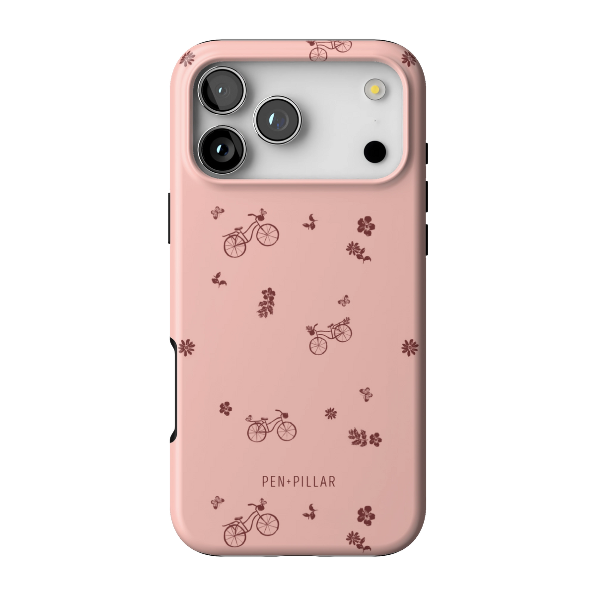 Bike Ride case on iPhone 17 Pro Max, back view: little bicycles and flower sprigs on pink