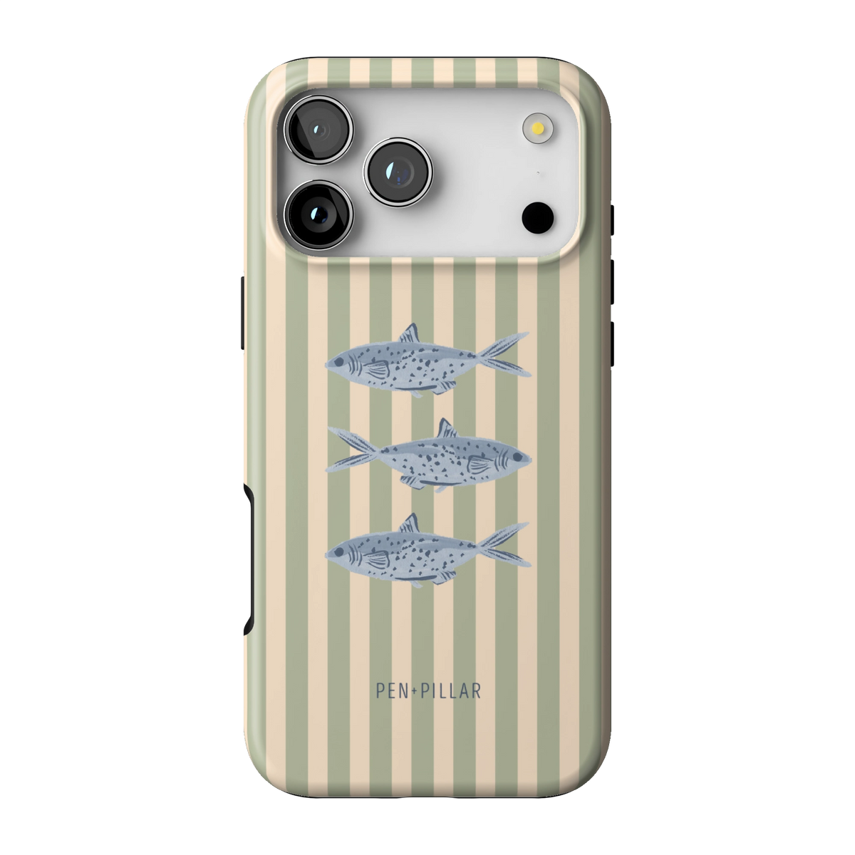 Sea Stripes case on iPhone 17 Pro Max, back view: blue fish on sage and cream stripes