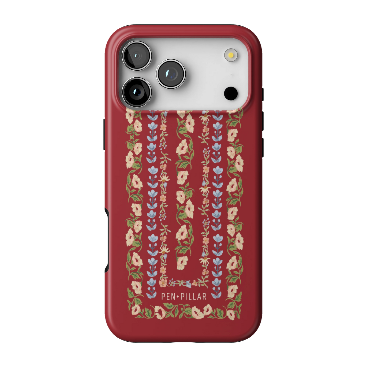 Fiona case on iPhone 17 Pro Max, back view: ornate floral stripes in cream, blush and blue on rich red
