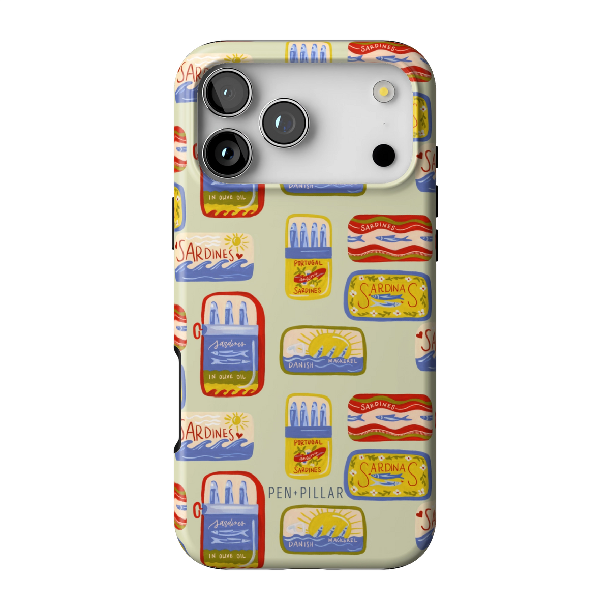 Sardines case on iPhone 17 Pro Max, back view: vintage sardine tins on pale sage