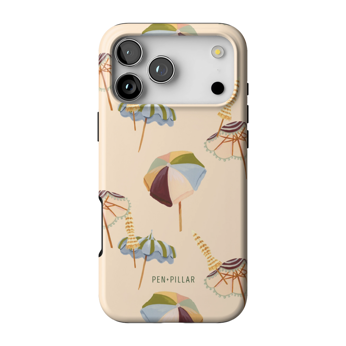 Umbrellas case on iPhone 17 Pro Max, back view: striped beach umbrellas and loungers on warm sand