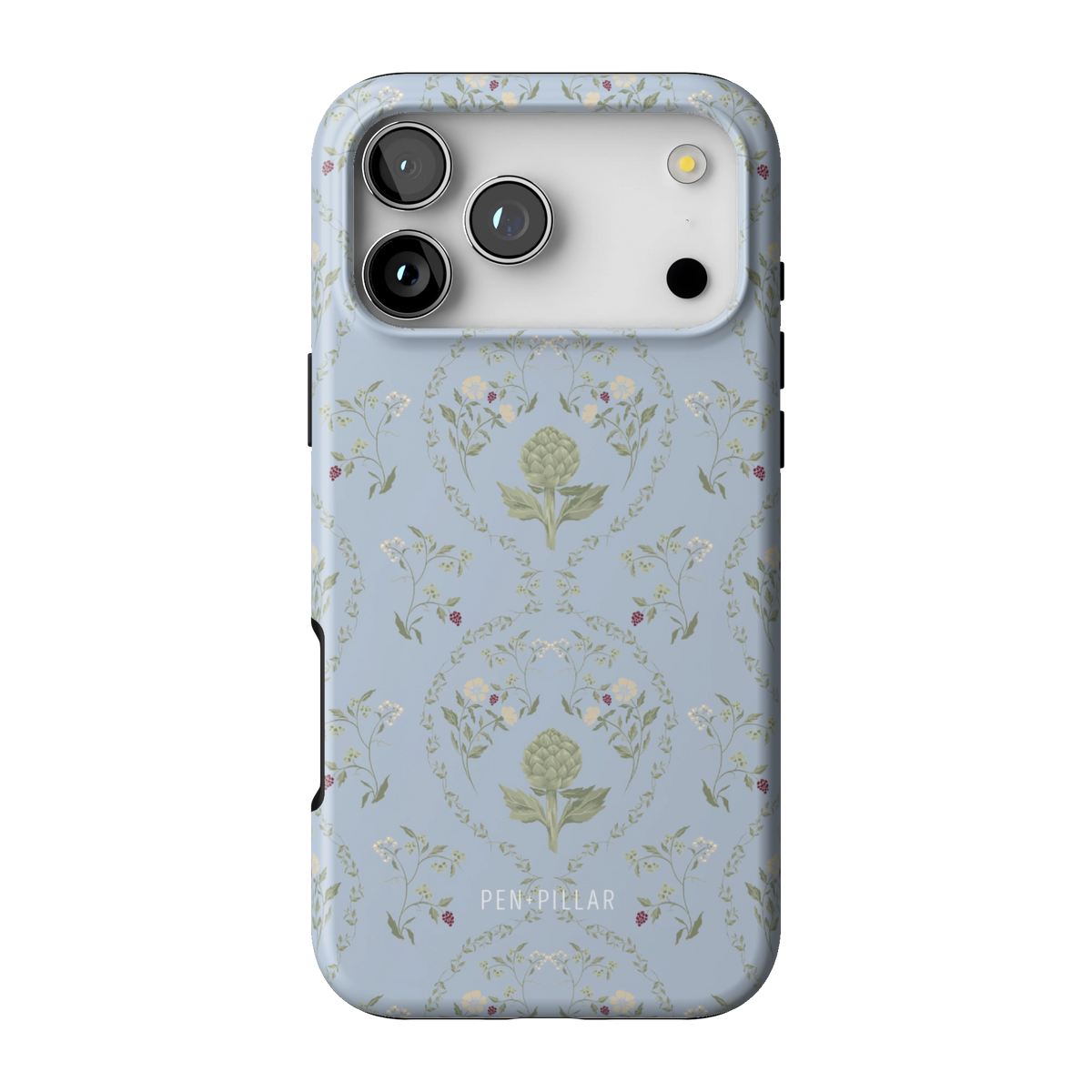 Artichoke case on iPhone 17 Pro Max, back view: soft green artichokes in a vintage trellis on dusty blue