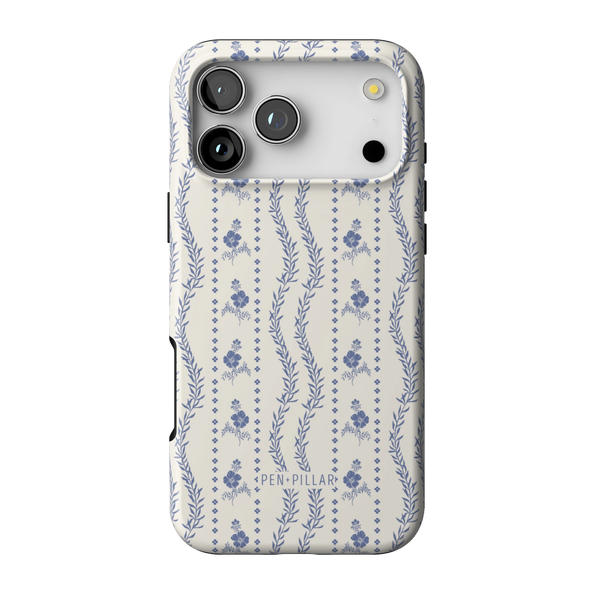 Riviera case on iPhone 17 Pro Max, back view: blue florals and vines in stripes on white