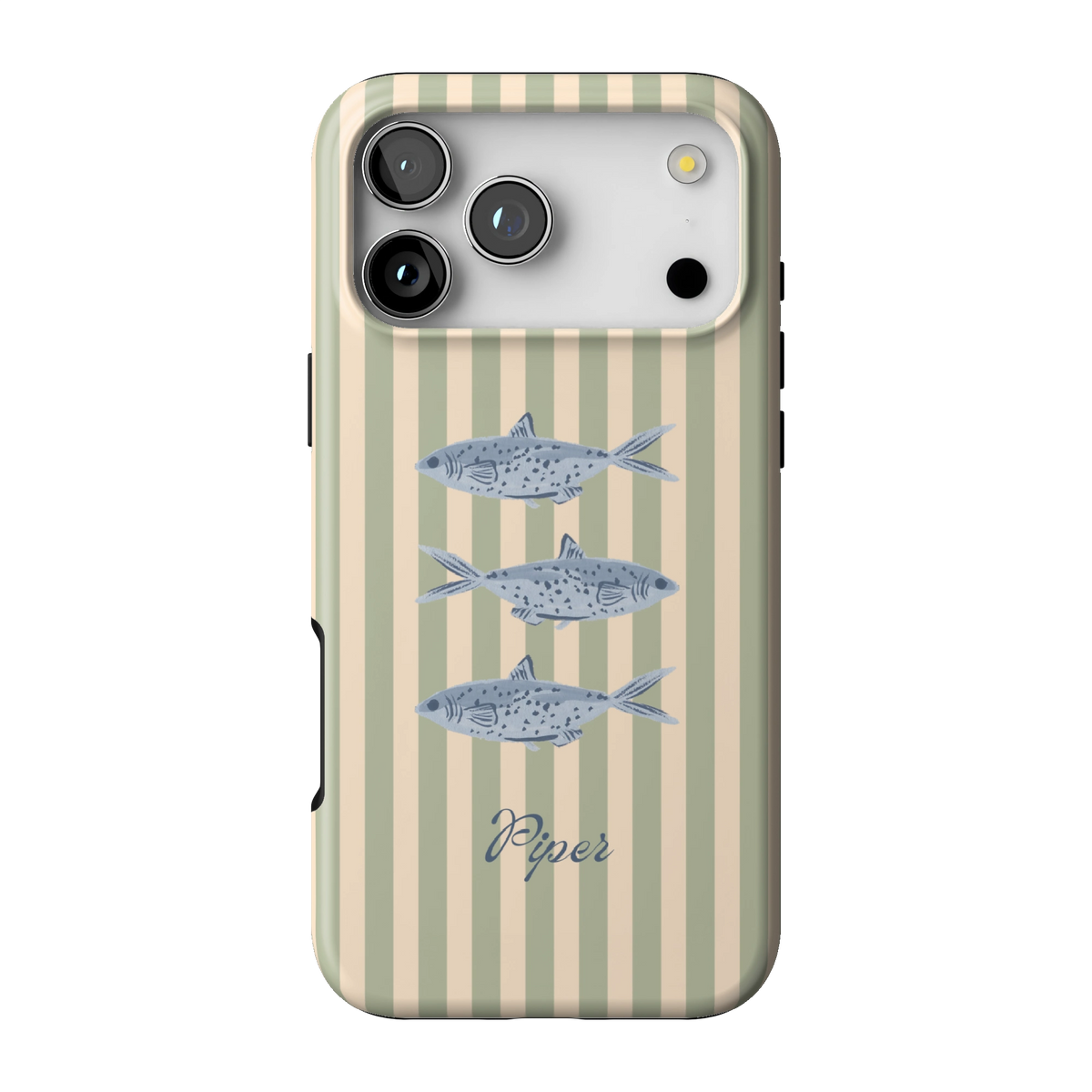 Sea Stripes Personalized case on iPhone 17 Pro Max, back view: blue fish on sage and cream stripes with the name Piper