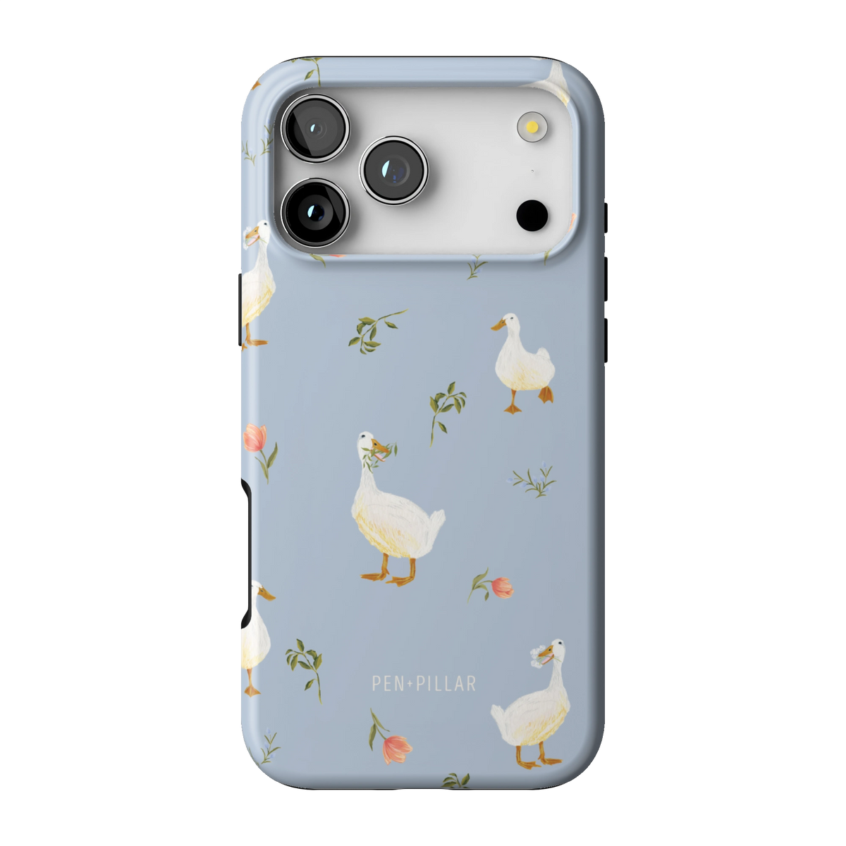 Ducks case on iPhone 17 Pro Max, back view: white ducks and small flower sprigs on soft blue