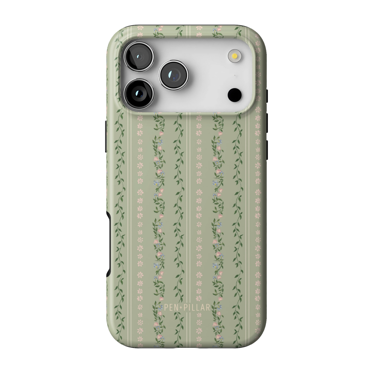 Camellia case on iPhone 17 Pro Max, back view: sage green with soft floral stripes