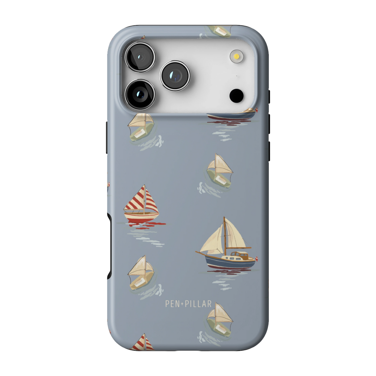 Harbor case on iPhone 17 Pro Max, back view: sailboats and paper boats on dusty blue