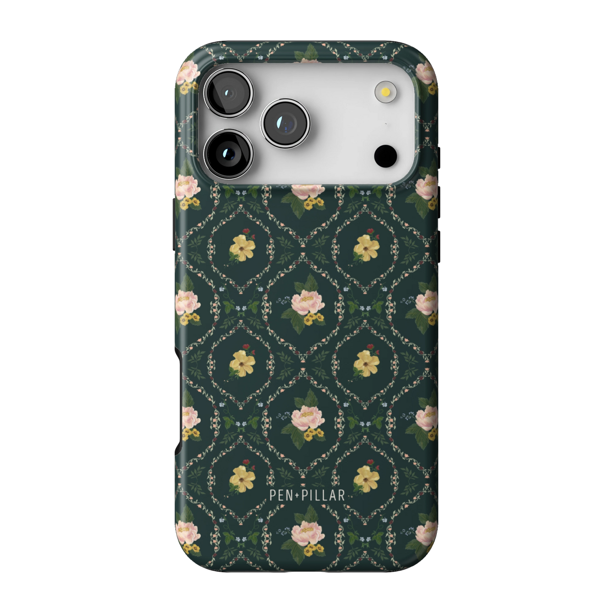 Meadow case on iPhone 17 Pro Max, back view: small yellow and pink flowers in a diamond trellis on deep green