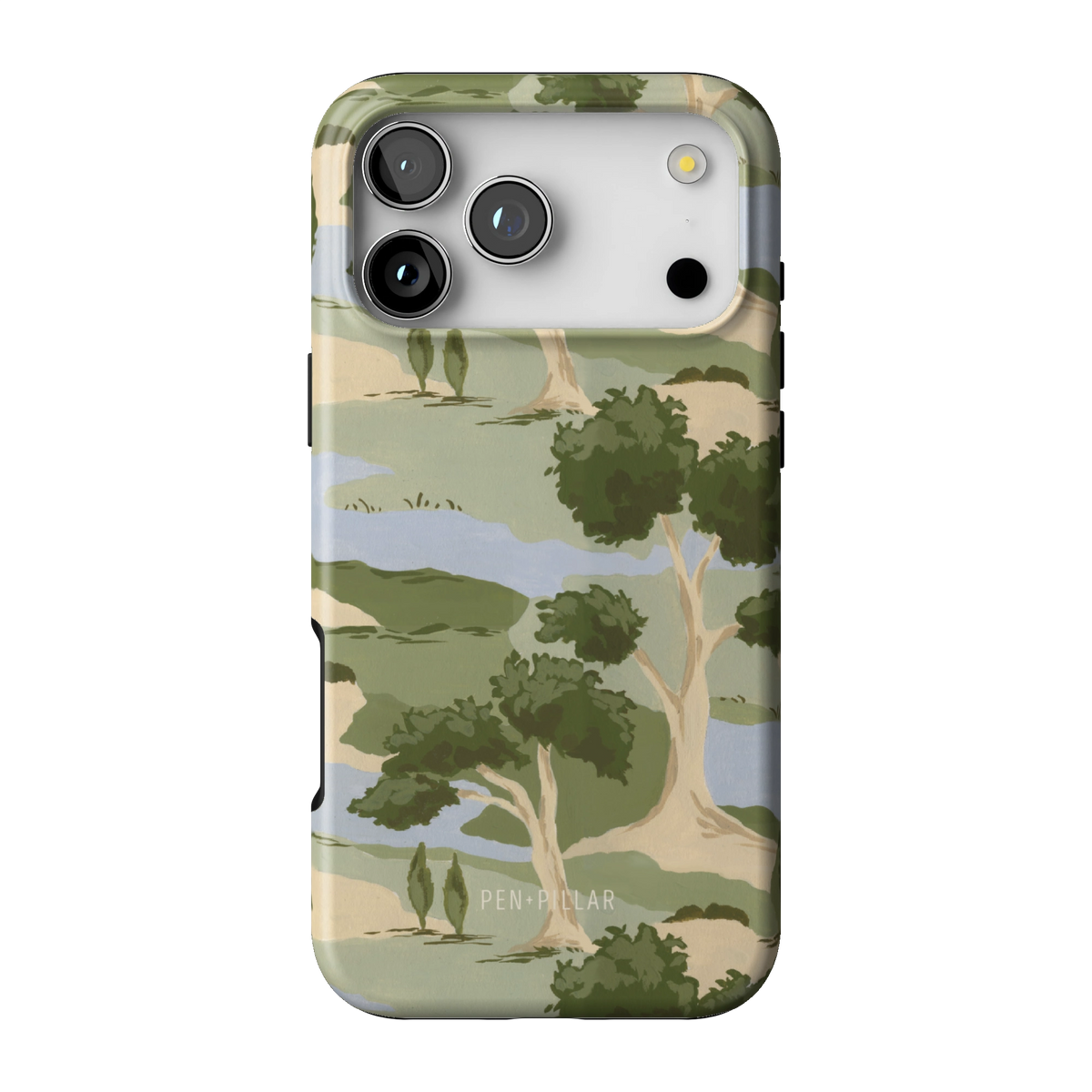 Orchard case on iPhone 17 Pro Max, back view: rolling green trees and winding blue streams on cream