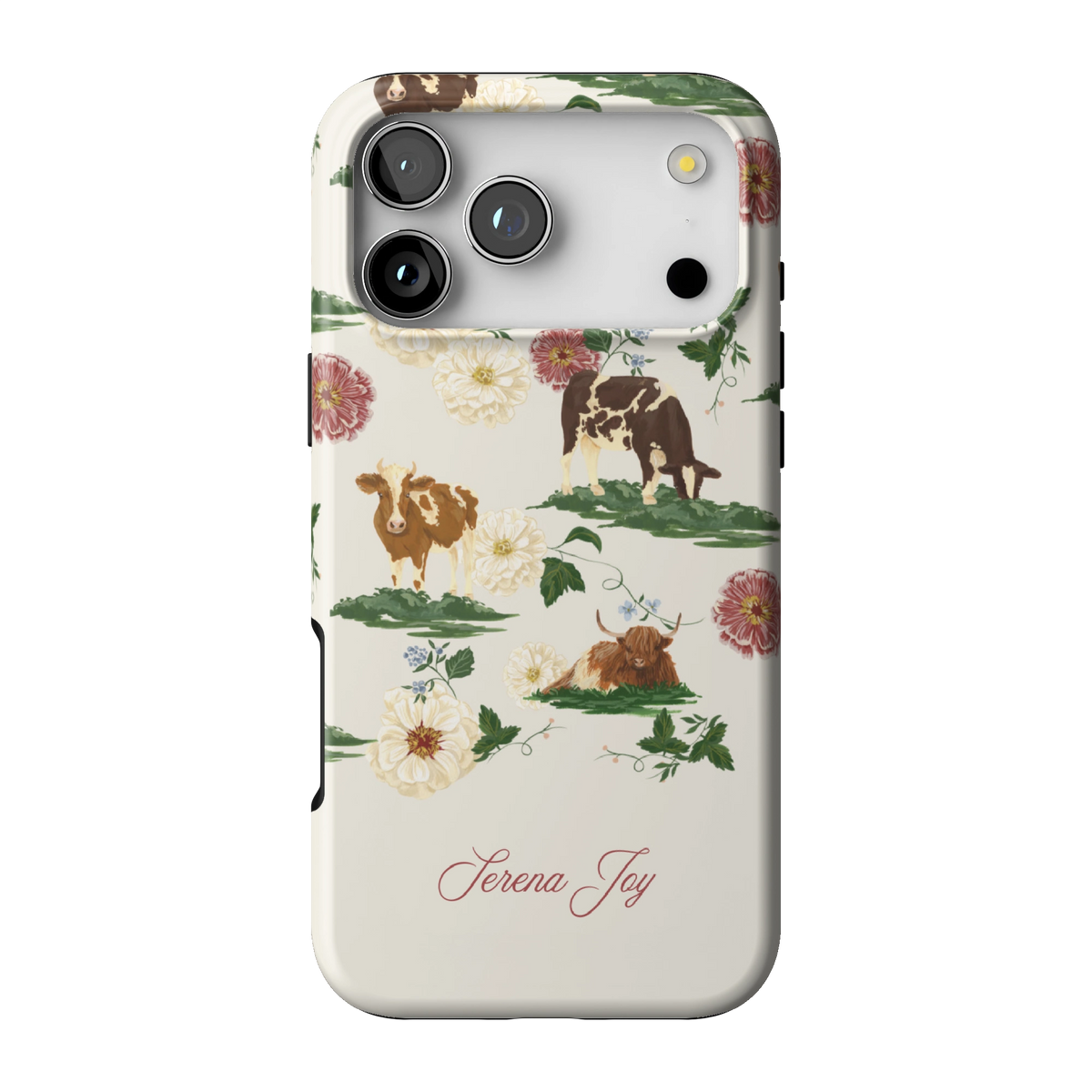 Pasture Personalized case on iPhone 17 Pro Max, back view: cows and dahlias in a countryside scene on cream with a name in script