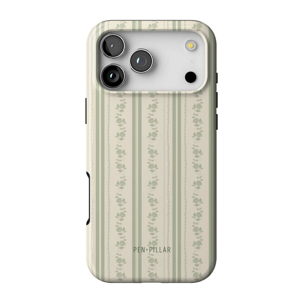 Roselle case on iPhone 17 Pro Max, back view: white floral vines on sage green stripes