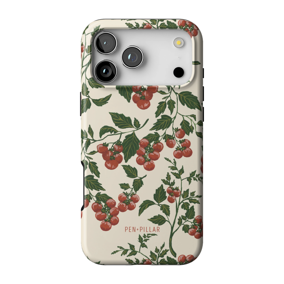 Tomato Vines case on iPhone 17 Pro Max, back view: red tomatoes on leafy green vines over cream