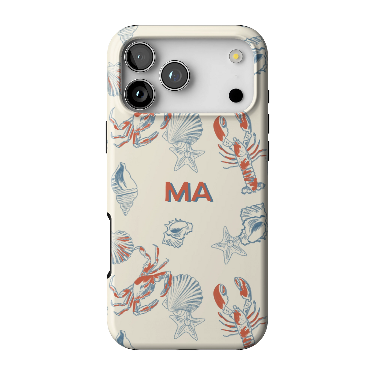Mariner Personalized case on iPhone 17 Pro Max, back view: red lobsters, blue crabs and seashells on cream with the initials MA