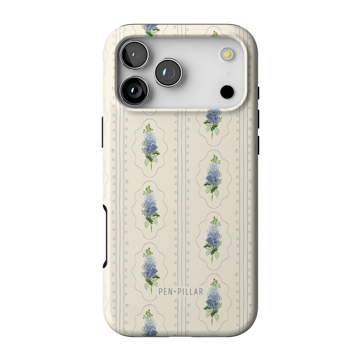 July Birth Month case on iPhone 17 Pro Max, back view: blue larkspur in cream frames