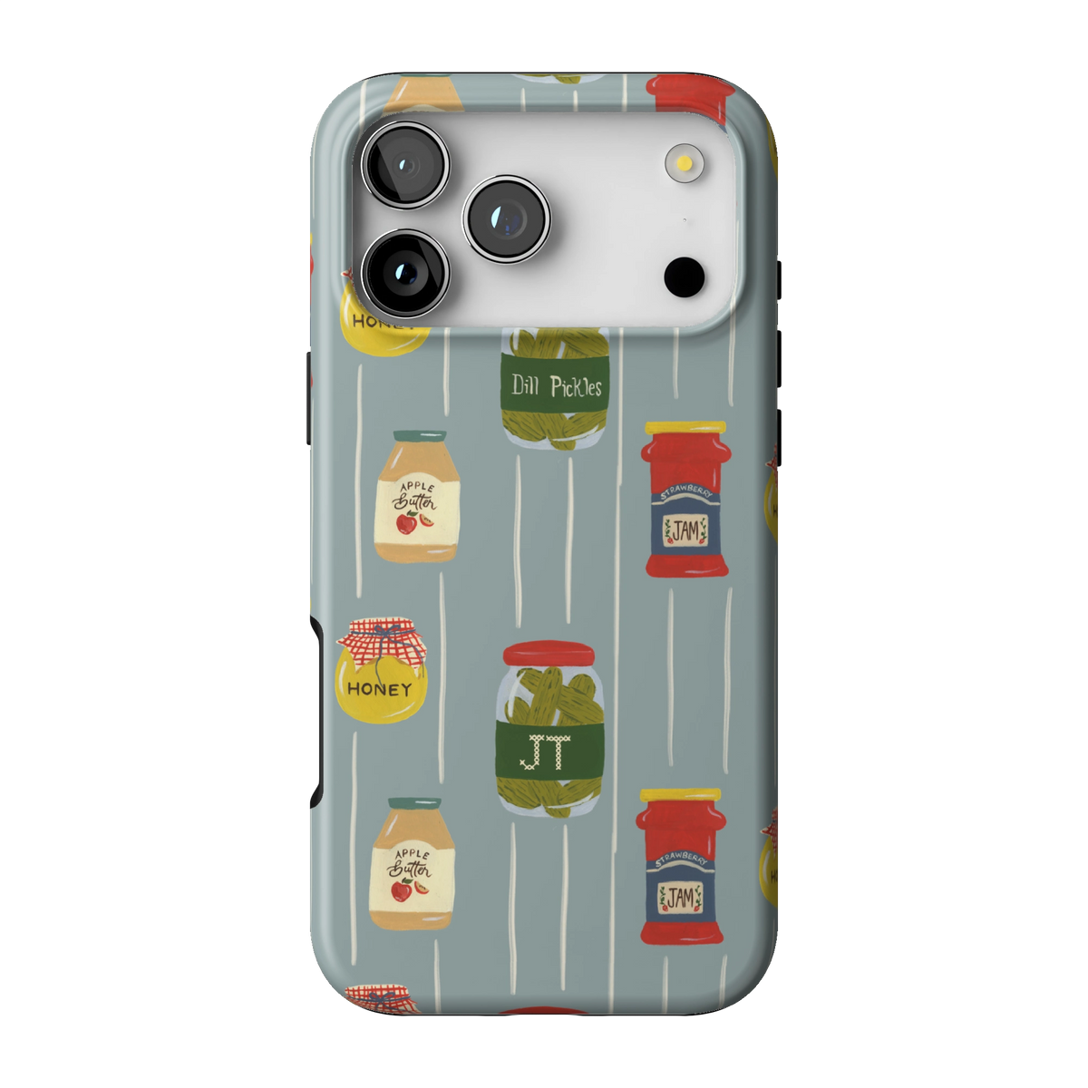 Preserves Personalized case on iPhone 17 Pro Max, back view: jars of honey, pickles and jam on slate blue stripes with the initials JT