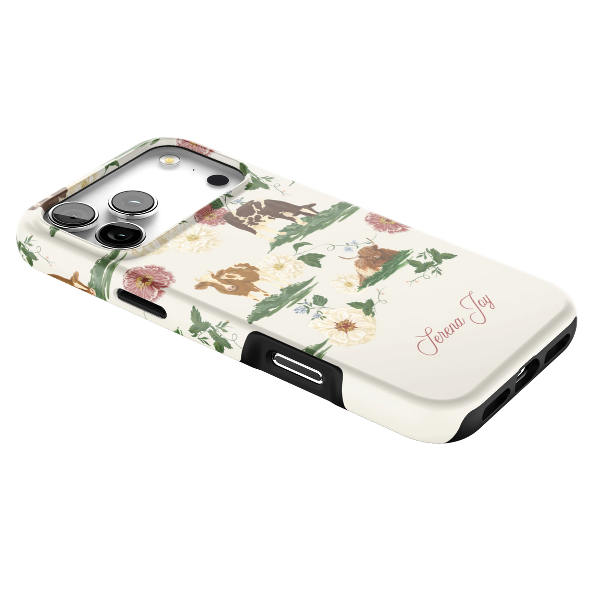 Pasture Personalized iPhone 17 Pro Max case lying at an angle, showing the side buttons and print wrapping the edges