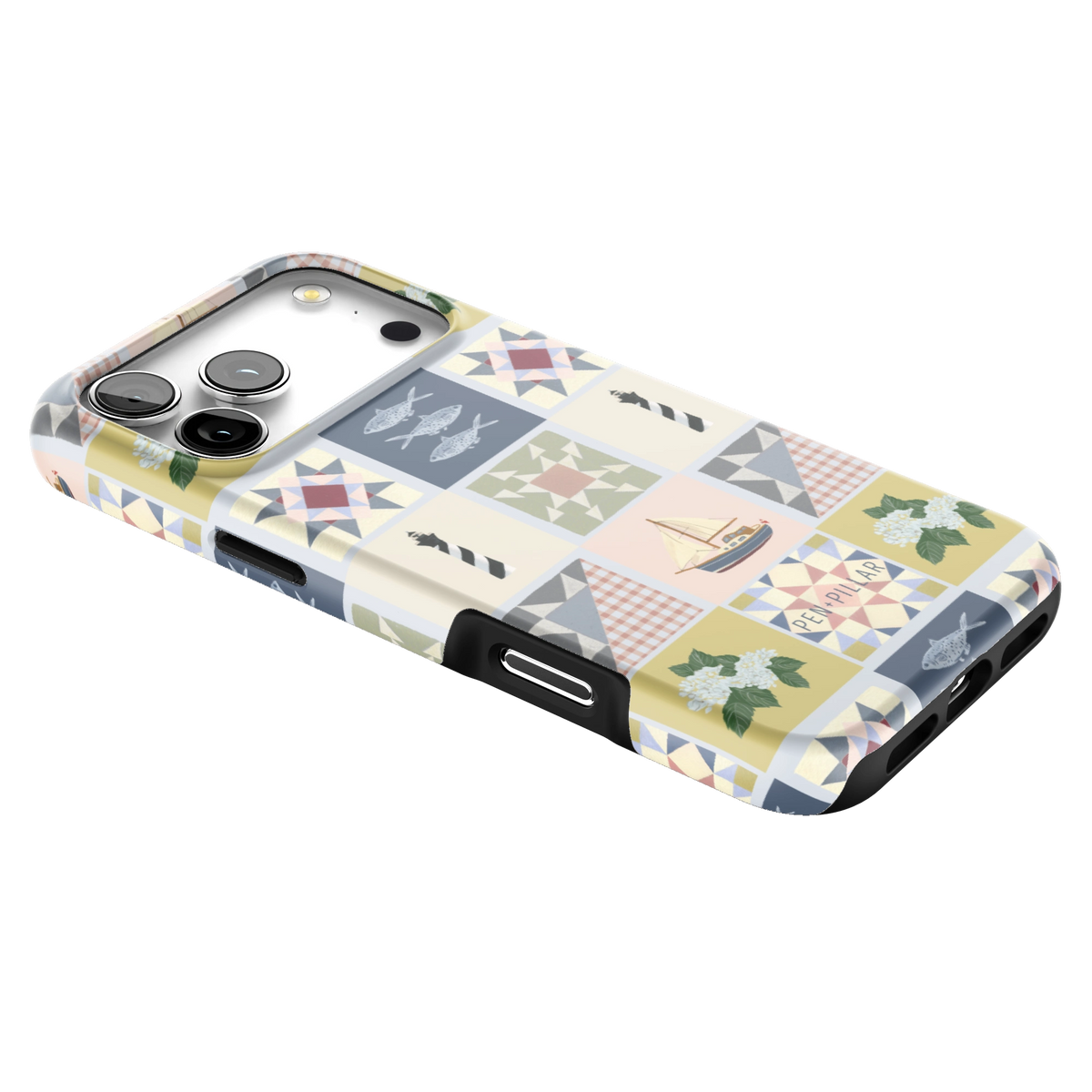 Coastal Quilt iPhone 17 Pro Max case lying at an angle, showing the side buttons and print wrapping the edges