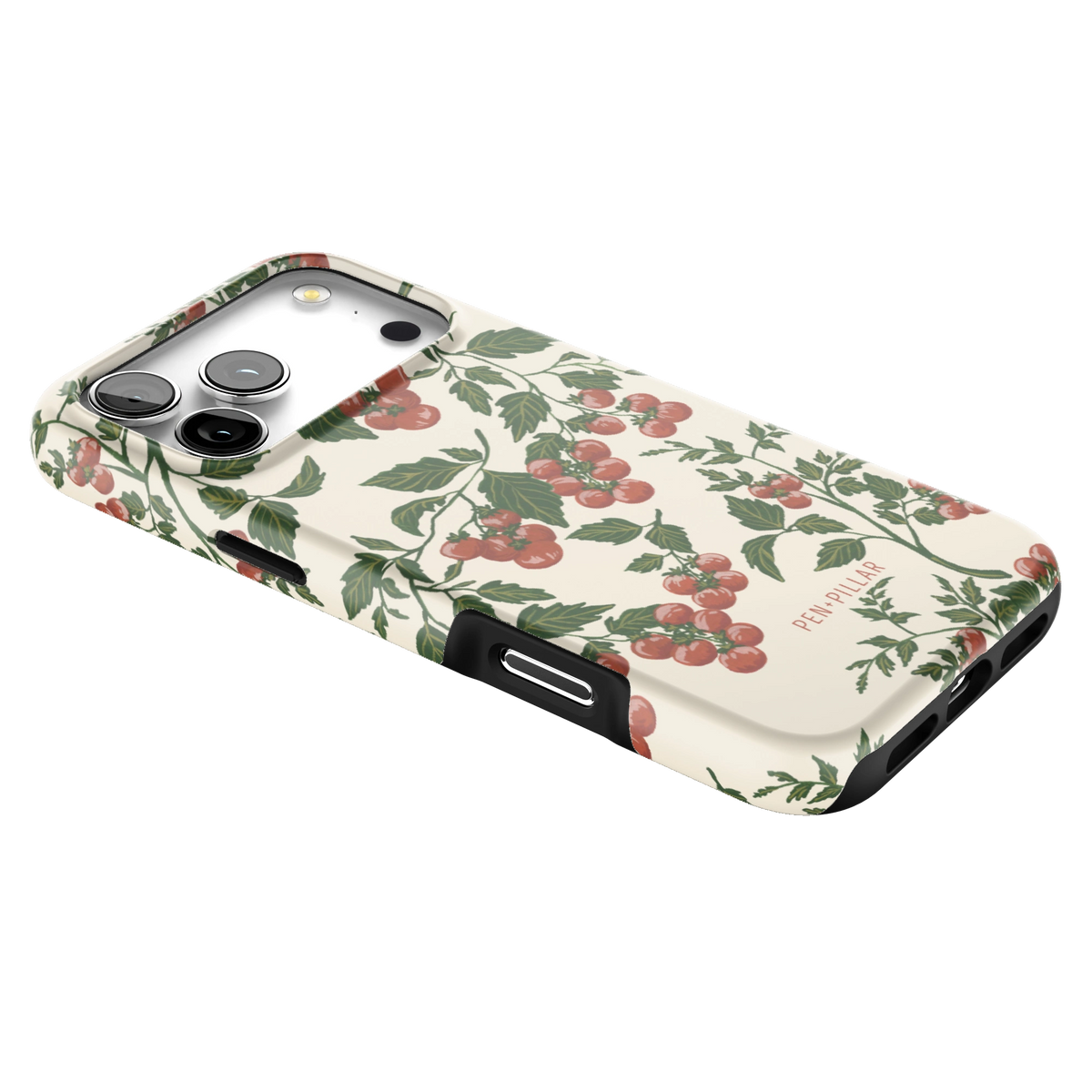 Tomato Vines iPhone 17 Pro Max case lying at an angle, showing the side buttons and print wrapping the edges