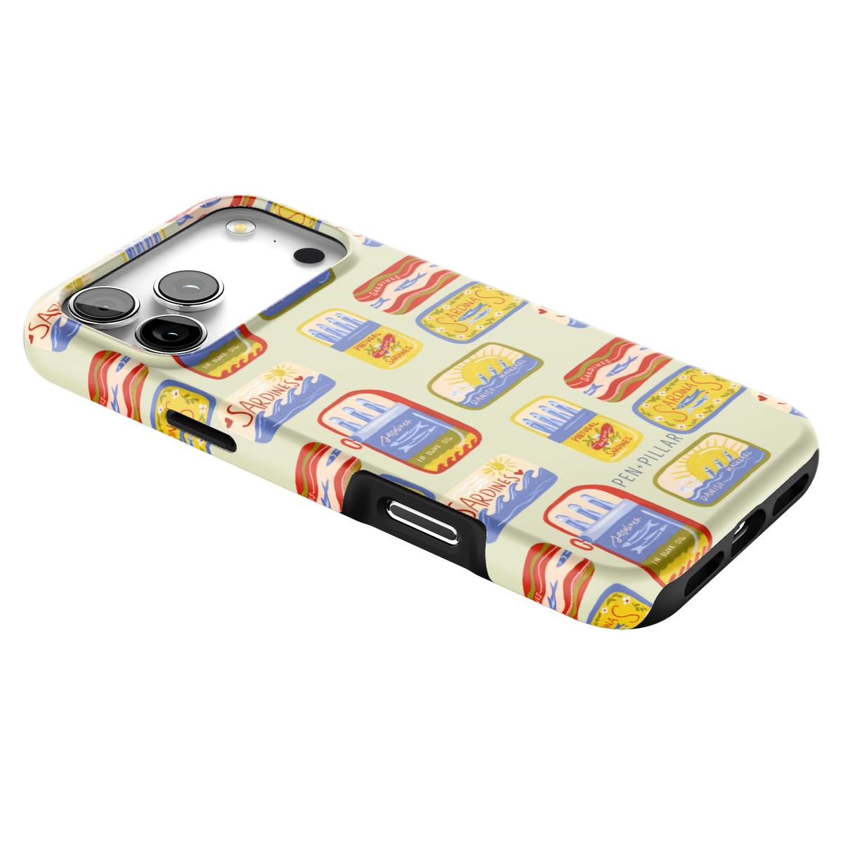Sardines iPhone 17 Pro Max case lying at an angle, showing the side buttons and print wrapping the edges