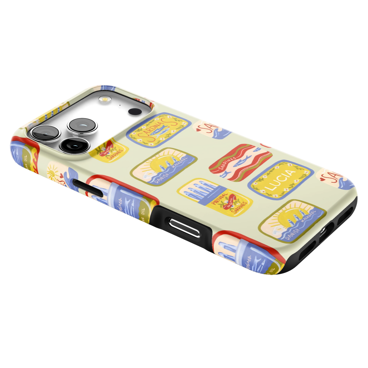 Sardines Personalized iPhone 17 Pro Max case lying at an angle, showing the side buttons and print wrapping the edges