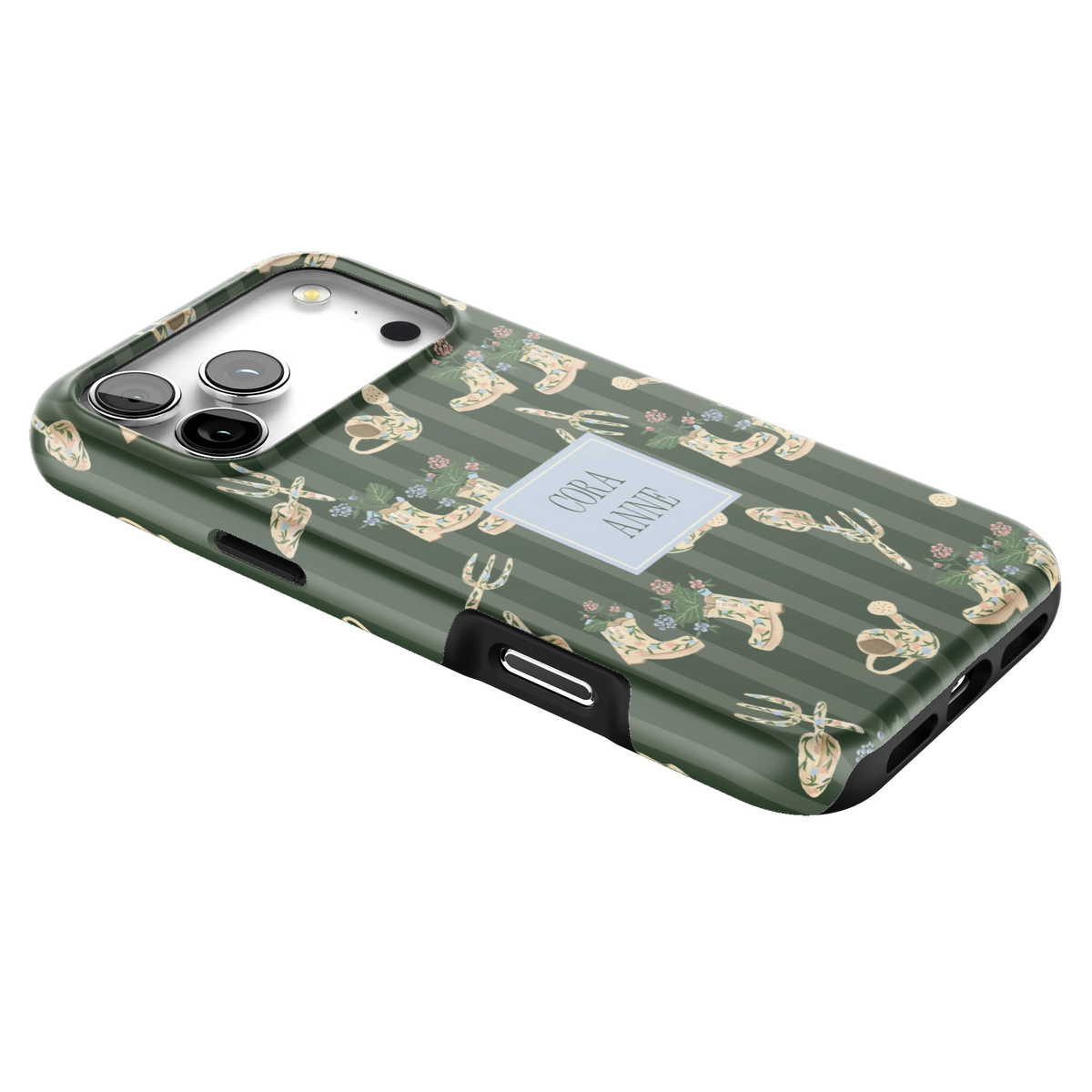 In the Garden Personalized iPhone 17 Pro Max case lying at an angle, showing the side buttons and print wrapping the edges