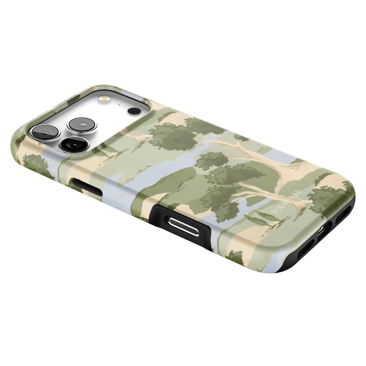 Orchard iPhone 17 Pro Max case lying at an angle, showing the side buttons and print wrapping the edges