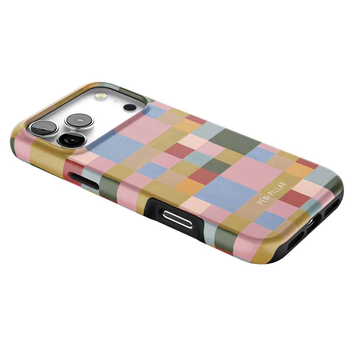 Colorblock iPhone 17 Pro Max case lying at an angle, showing the side buttons and print wrapping the edges