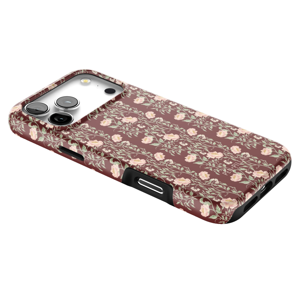 Thicket iPhone 17 Pro Max case lying at an angle, showing the side buttons and print wrapping the edges