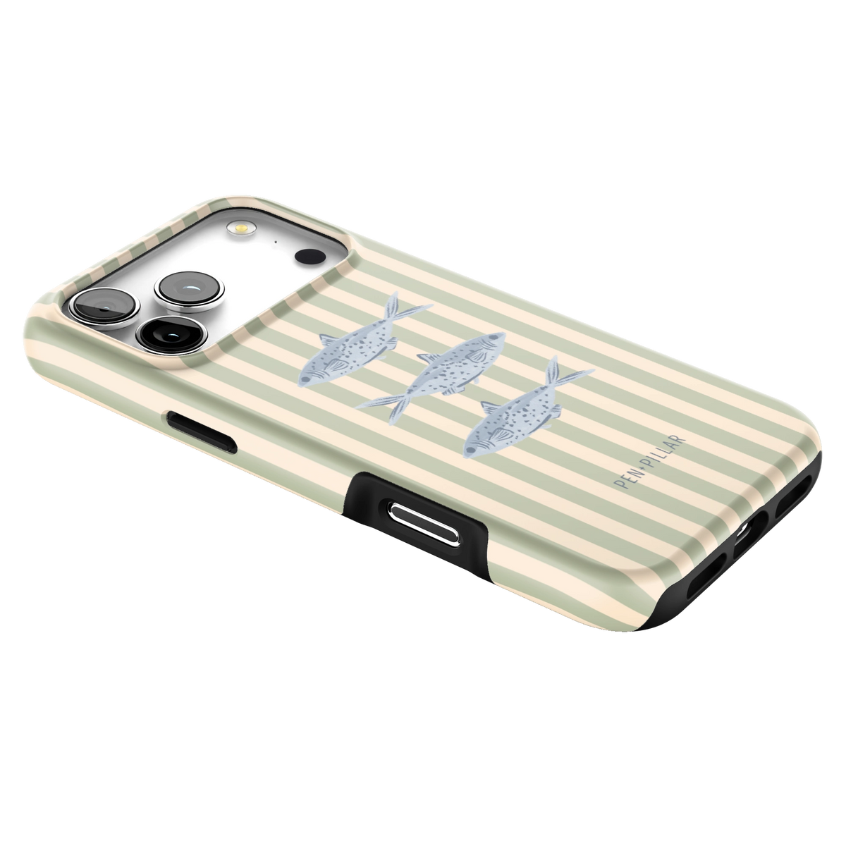 Sea Stripes iPhone 17 Pro Max case lying at an angle, showing the side buttons and print wrapping the edges