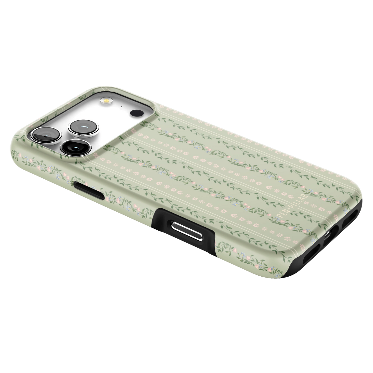 Camellia iPhone 17 Pro Max case lying at an angle, showing the side buttons and print wrapping the edges