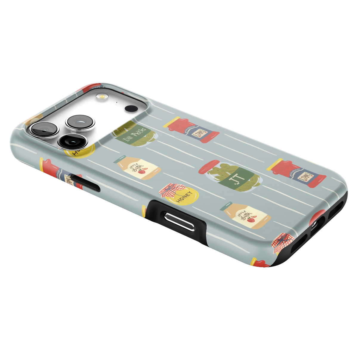 Preserves Personalized iPhone 17 Pro Max case lying at an angle, showing the side buttons and print wrapping the edges