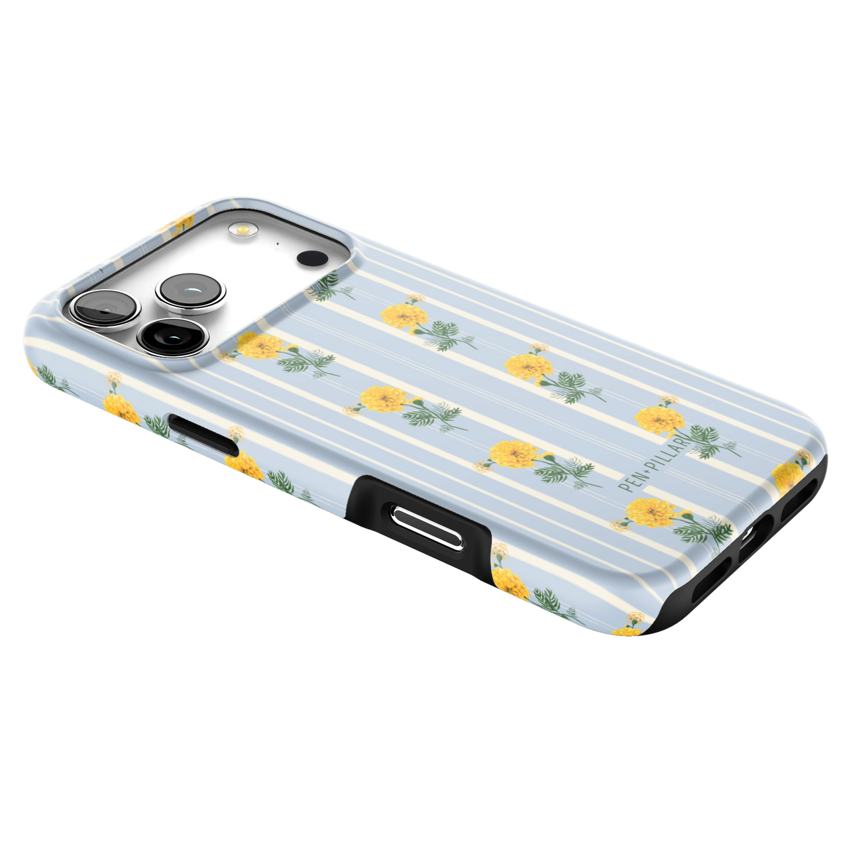 October Birth Month iPhone 17 Pro Max case lying at an angle, showing the side buttons and print wrapping the edges