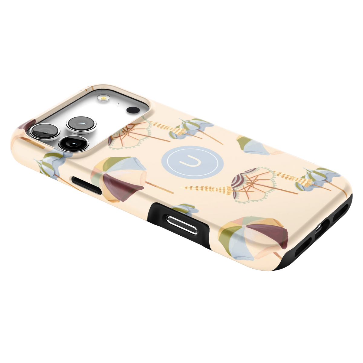 Umbrellas Personalized iPhone 17 Pro Max case lying at an angle, showing the side buttons and print wrapping the edges
