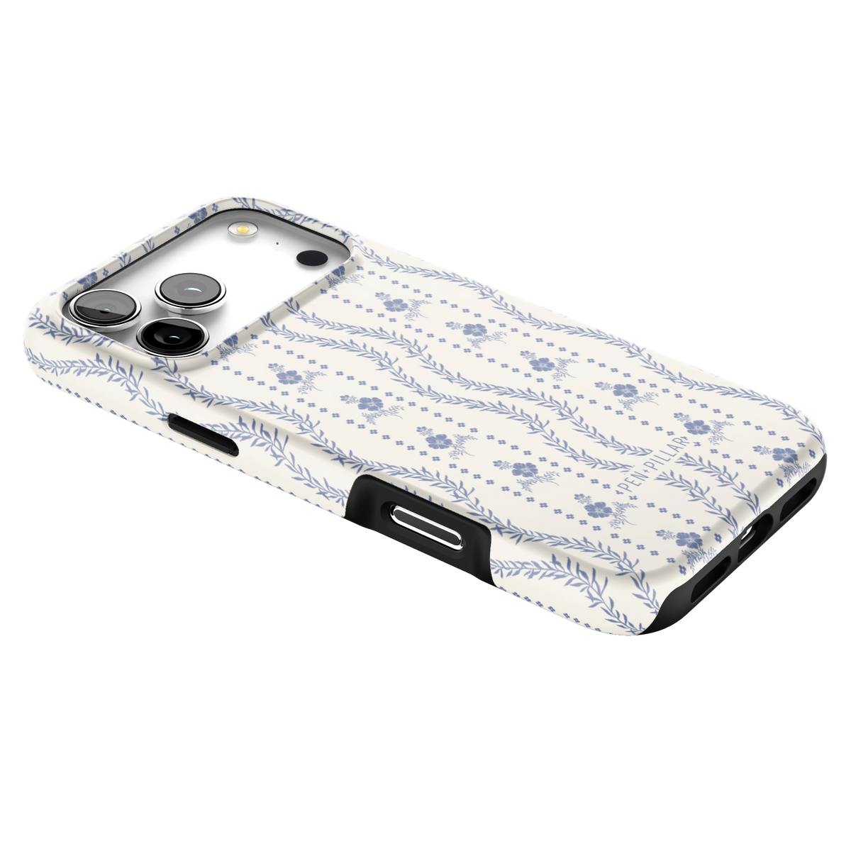 Riviera iPhone 17 Pro Max case lying at an angle, showing the side buttons and print wrapping the edges