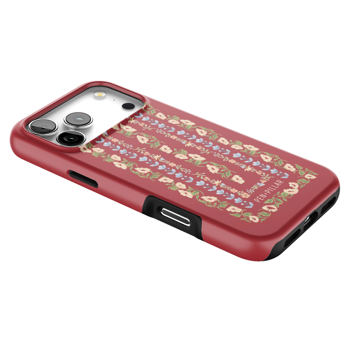 Fiona iPhone 17 Pro Max case lying at an angle, showing the side buttons and print wrapping the edges