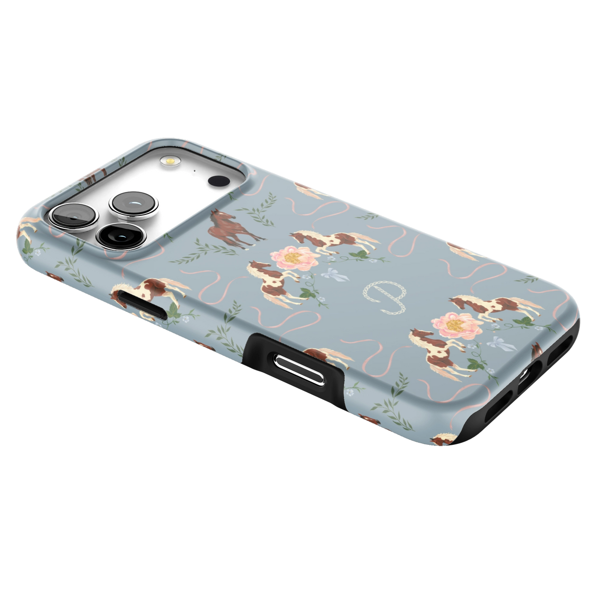 Prairie Personalized iPhone 17 Pro Max case lying at an angle, showing the side buttons and print wrapping the edges