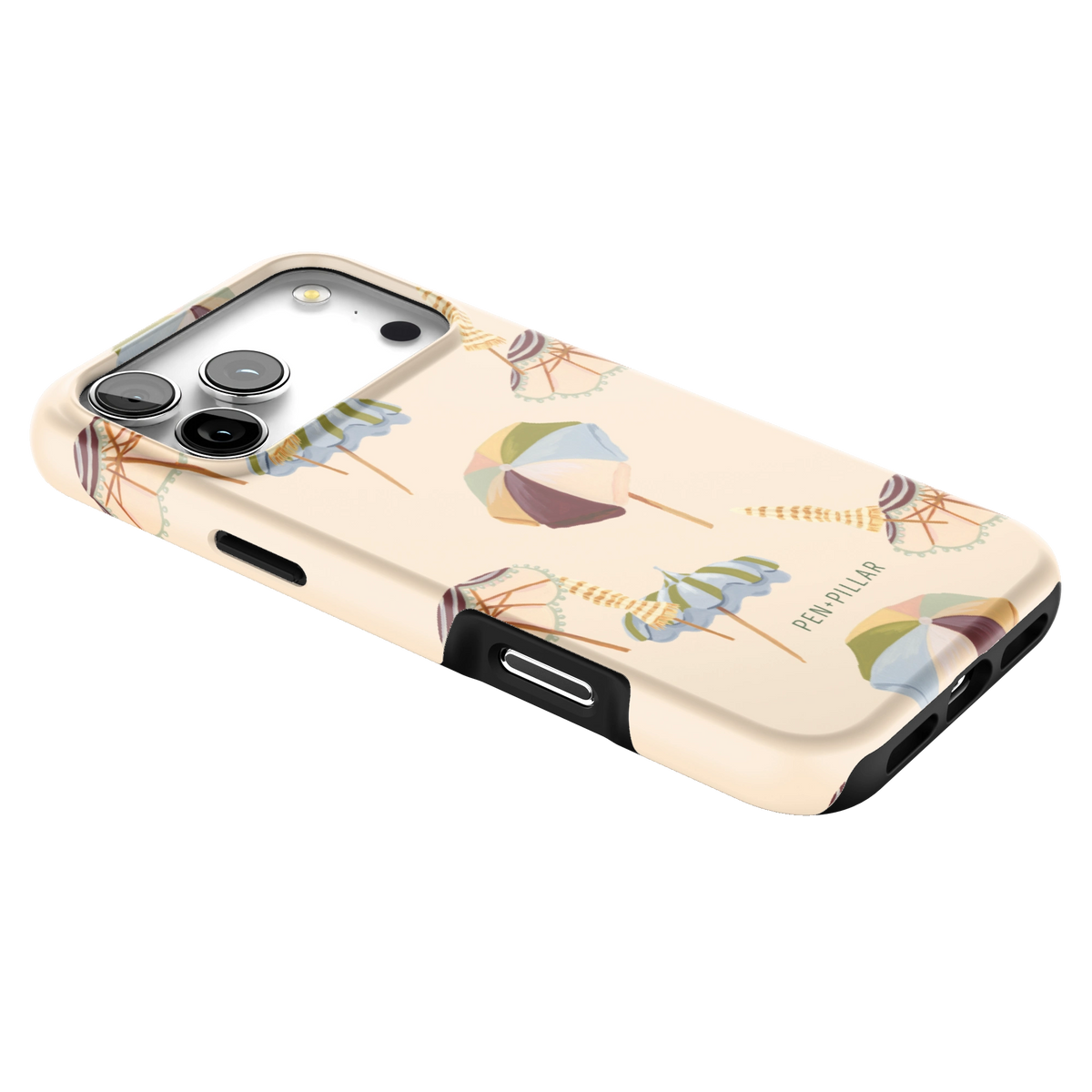 Umbrellas iPhone 17 Pro Max case lying at an angle, showing the side buttons and print wrapping the edges