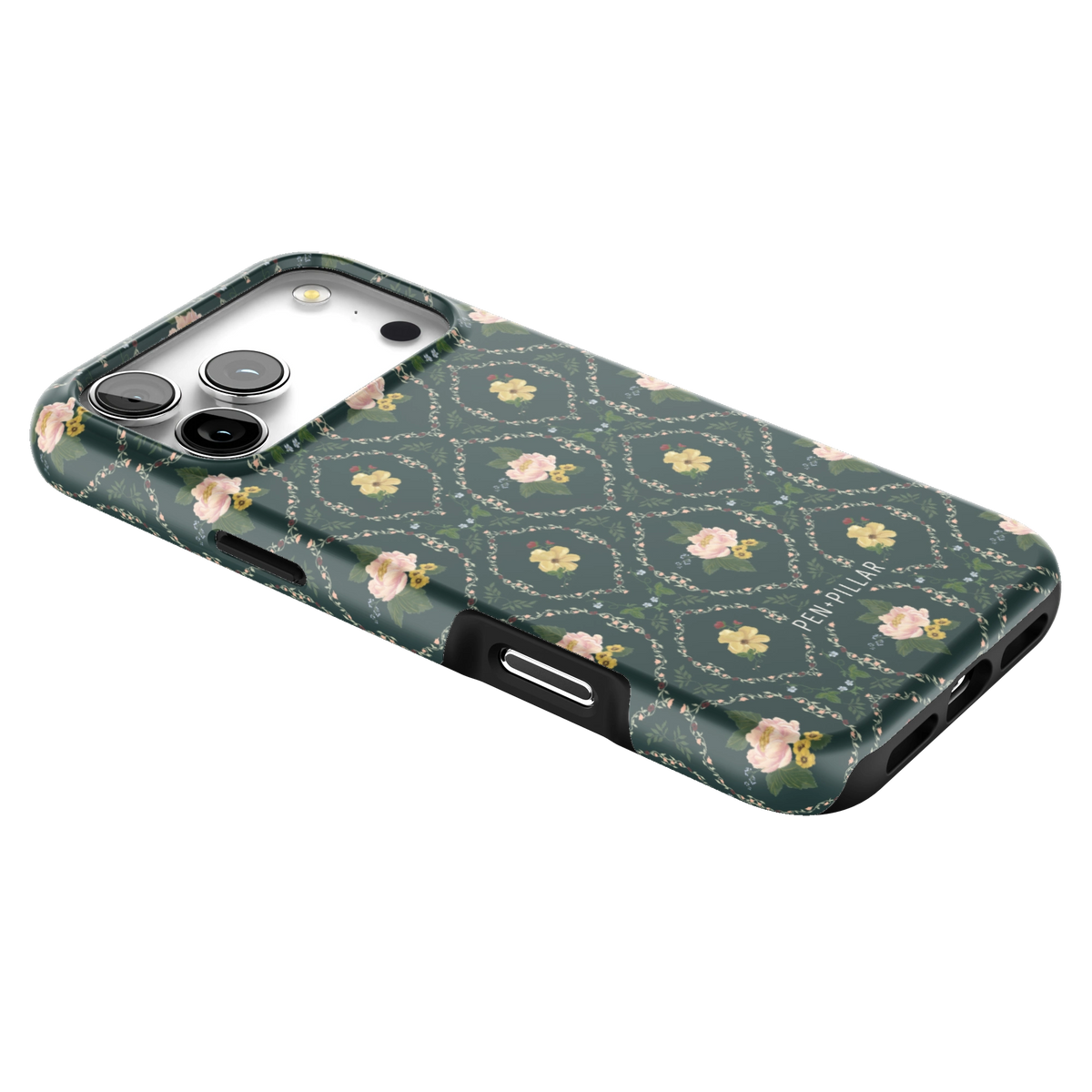 Meadow iPhone 17 Pro Max case lying at an angle, showing the side buttons and print wrapping the edges